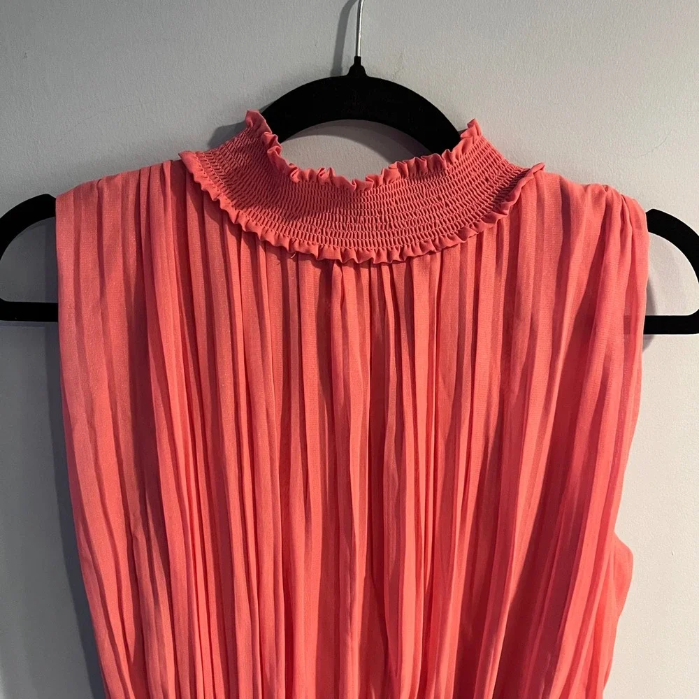 Nanette Lepore Coral Pink Pleated Smocked Waist Mock Neck Midi Dress Size 10